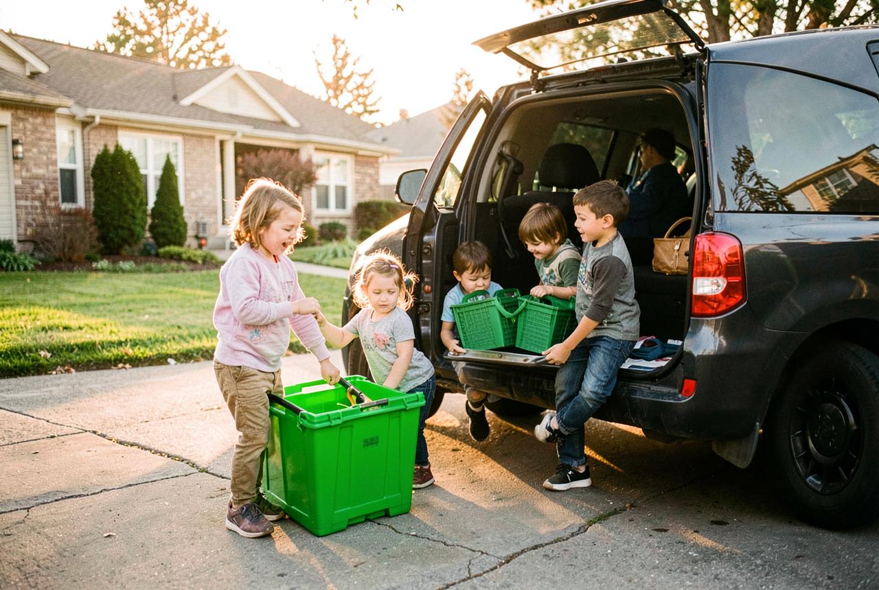 The owner's family loading reusable moving bins into a van