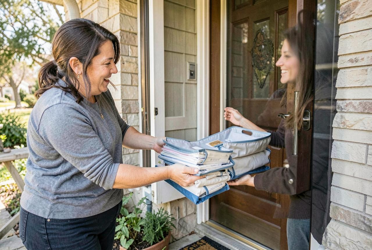 Owner handing clean stacked bins to a customer at their front door