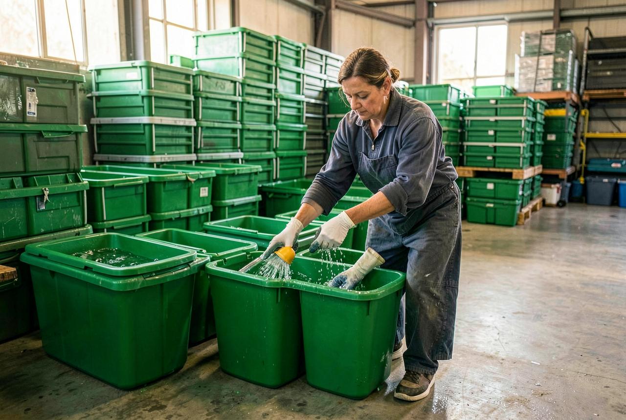 Owner washing and sanitizing reusable moving bins